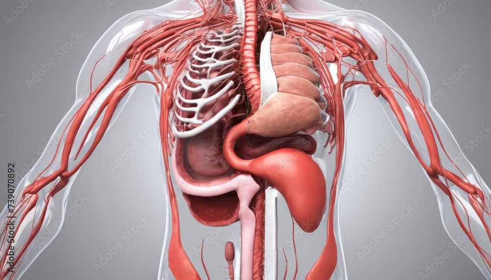 Poster anatomical 3d rendering of human torso with internal organs and circulatory system