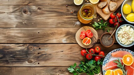 Menu of various healthy foods. Top view. Free space for your text. The background is wood.
