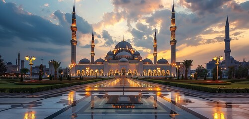 A majestic mosque bathed in golden light, its towering minarets reaching towards the heavens,...