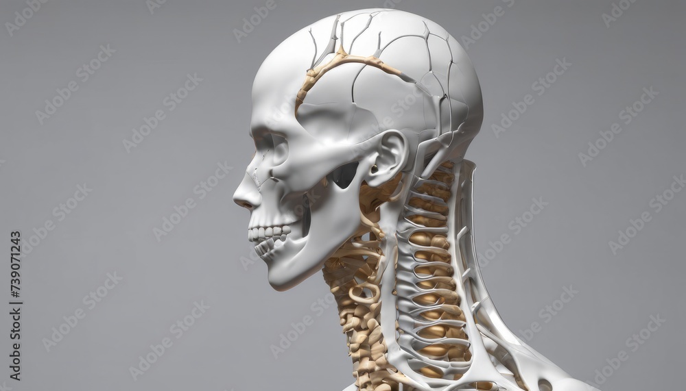 Poster 3d rendering of a human head and neck with visible skeletal structure and brain