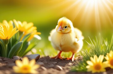 Tiny cute chicken between spring flowers, full of copy space, sun rays, seasonal panoramic background with copy space, easter holiday 