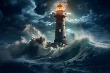Fototapeta na wymiar Moonlit lighthouse standing sentinel against the turbulent waves, a beacon of hope. 