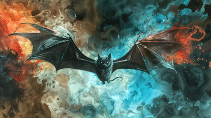Mysterious bat flying with smoke and neon lights oil paint water