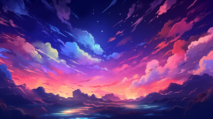 Cartoon illustration of beautiful colorful clouds in the night sky
 - obrazy, fototapety, plakaty