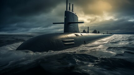Image of heavy atomic submarine floating in the vast ocean.