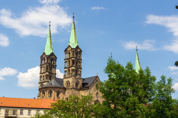 Fototapeta na wymiar Towers of church Bamberg Cathedral (Bamberger Dom) in Bamberg, Upper Franconia, Bavaria, Germany