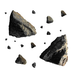 Meteorite stones, rocks floating in the air isolated on white background. A group of broken rocks...