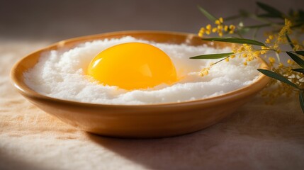 Image of egg yolk and flour. - obrazy, fototapety, plakaty