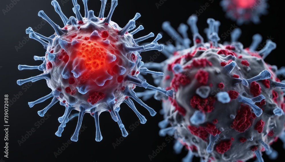Poster viral particles in a microscopic view, illustrating the complexity of their structure