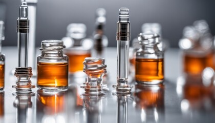  Vintage glass bottles with golden liquid, blurred background