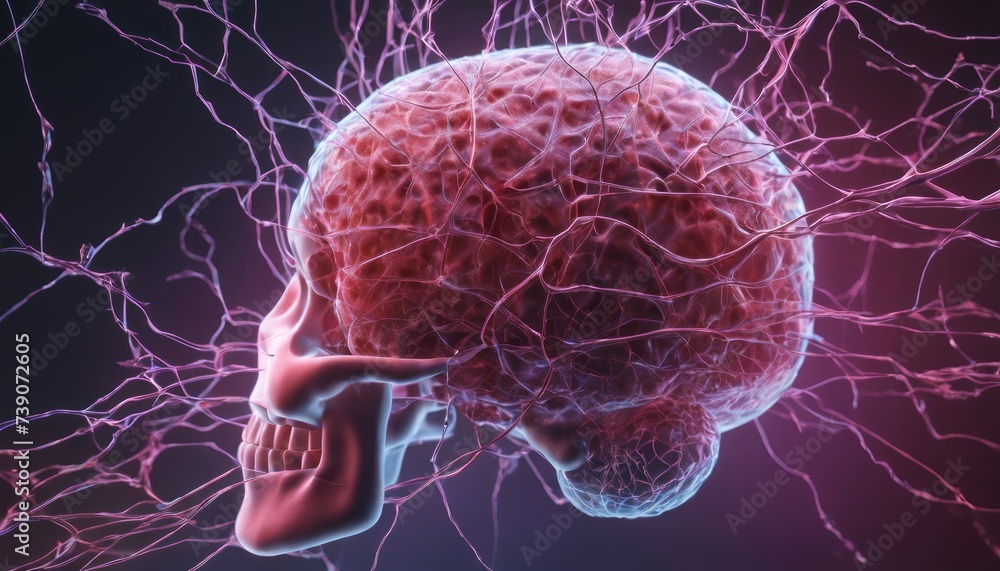 Poster neural network in a human head, a symbol of artificial intelligence and the human brain's complexity
