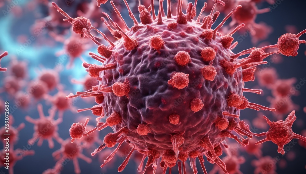 Poster a close-up view of a virus particle, illustrating its structure and complexity
