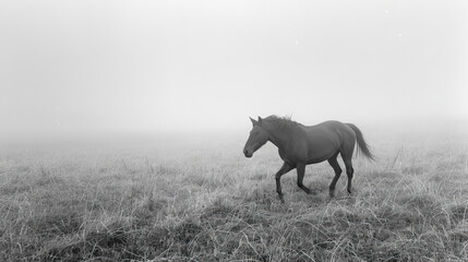 Obraz na płótnie Canvas Graceful steed emerges through the mist, a vision of elegance in every stride. A majestic silhouette, dancing with the ethereal fog, embodies the enchantment of a misty morning's beauty.