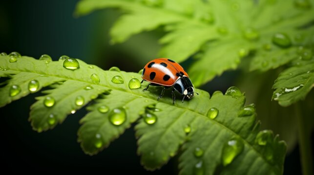 Image of ladybug on a vibrant green leaf.