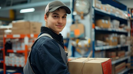 Smiling young male warehouse employee carrying box, casual work environment, everyday lifestyle scene. AI