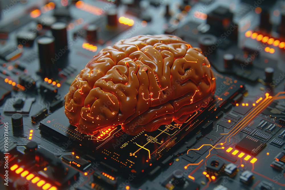 Poster circuit board with orange-black brain suitable for technology and artificial intelligence concepts.