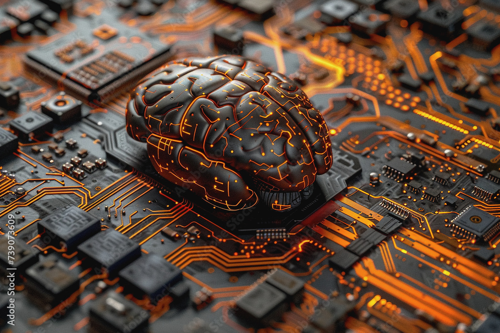 Poster circuit board with orange-black brain suitable for technology and artificial intelligence concepts.