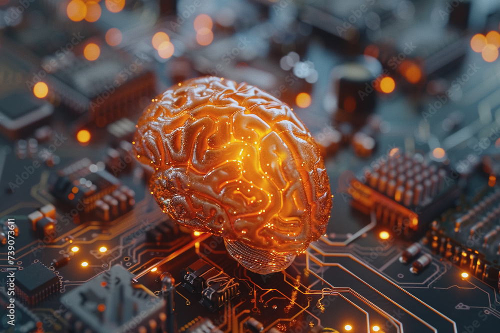 Aufkleber circuit board with orange-black brain suitable for technology and artificial intelligence concepts.