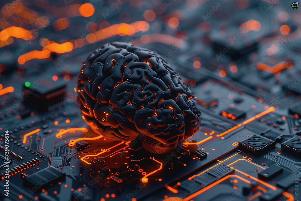 Poster circuit board with orange-black brain suitable for technology and artificial intelligence concepts.