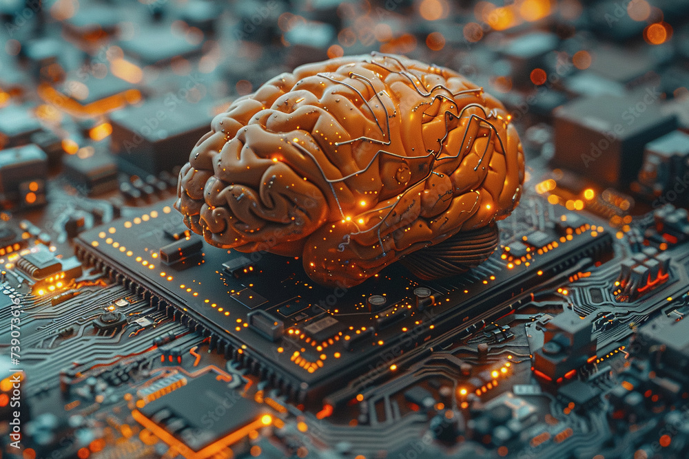 Poster circuit board with orange-black brain suitable for technology and artificial intelligence concepts.