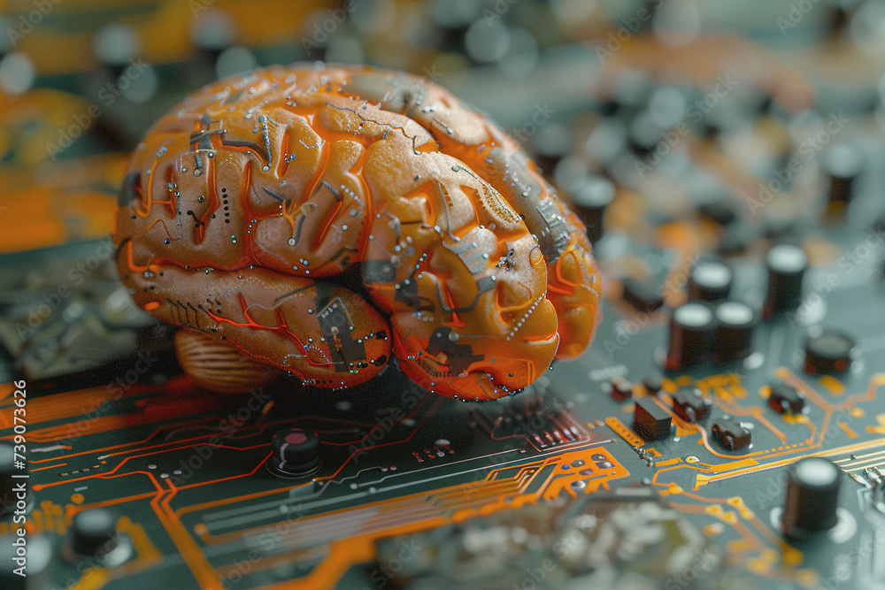 Aufkleber circuit board with orange-black brain suitable for technology and artificial intelligence concepts.