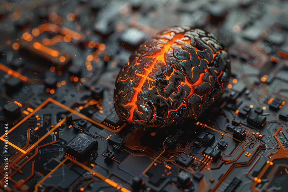 Aufkleber circuit board with orange-black brain suitable for technology and artificial intelligence concepts.