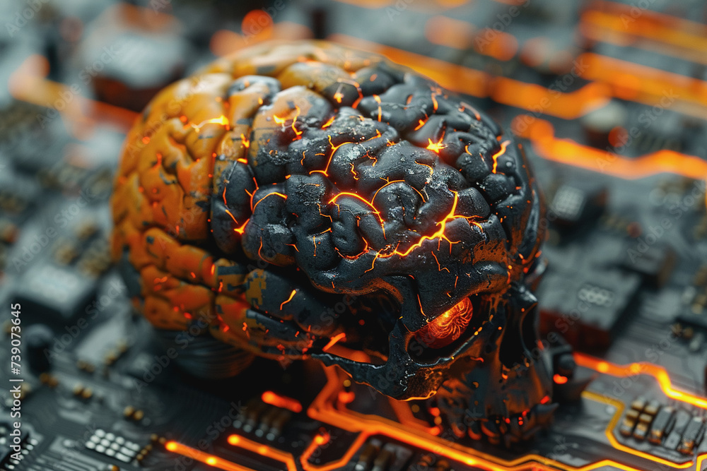 Poster circuit board with orange-black brain suitable for technology and artificial intelligence concepts.