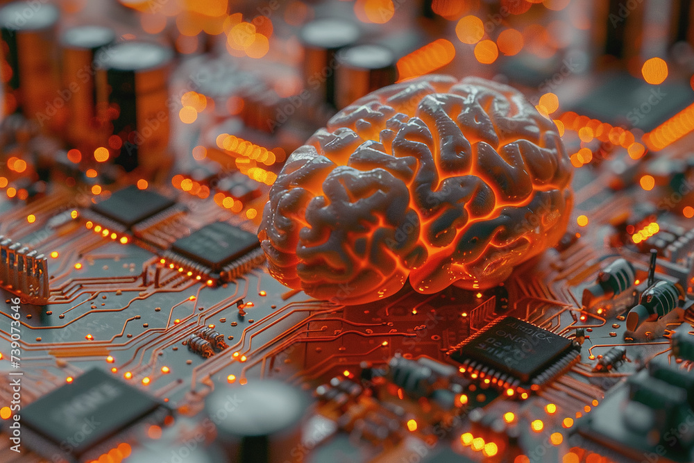 Poster circuit board with orange-black brain suitable for technology and artificial intelligence concepts.