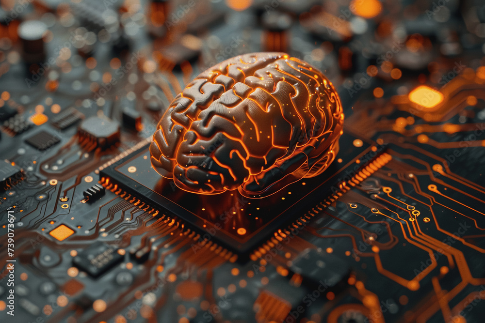 Poster circuit board with orange-black brain suitable for technology and artificial intelligence concepts.