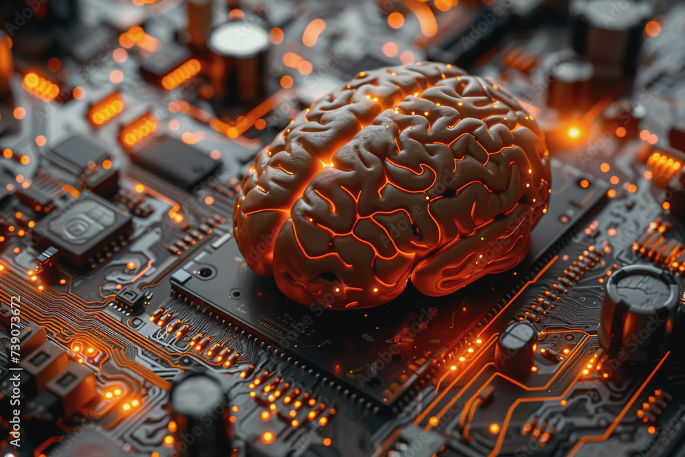 Poster circuit board with orange-black brain suitable for technology and artificial intelligence concepts.