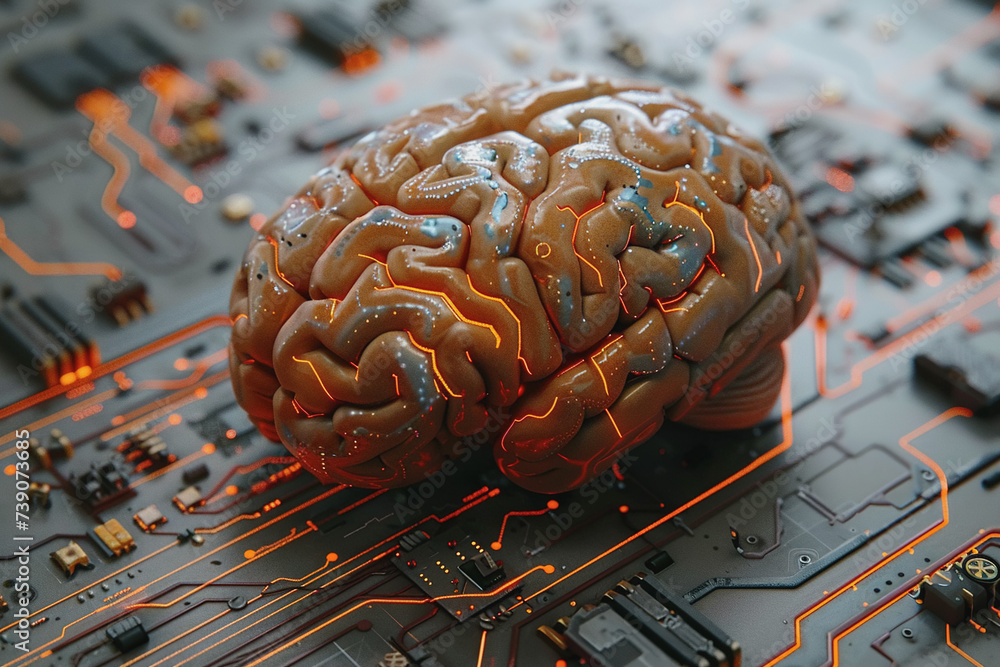 Aufkleber circuit board with orange-black brain suitable for technology and artificial intelligence concepts.