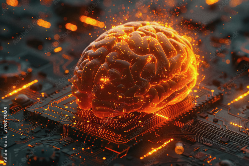 Poster circuit board with orange-black brain suitable for technology and artificial intelligence concepts.