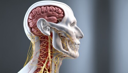  An anatomical illustration of a human head and neck, highlighting the nervous system