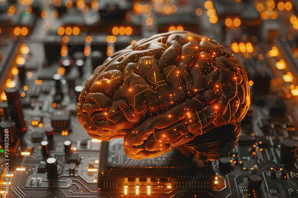 Aufkleber circuit board with orange-black brain suitable for technology and artificial intelligence concepts.
