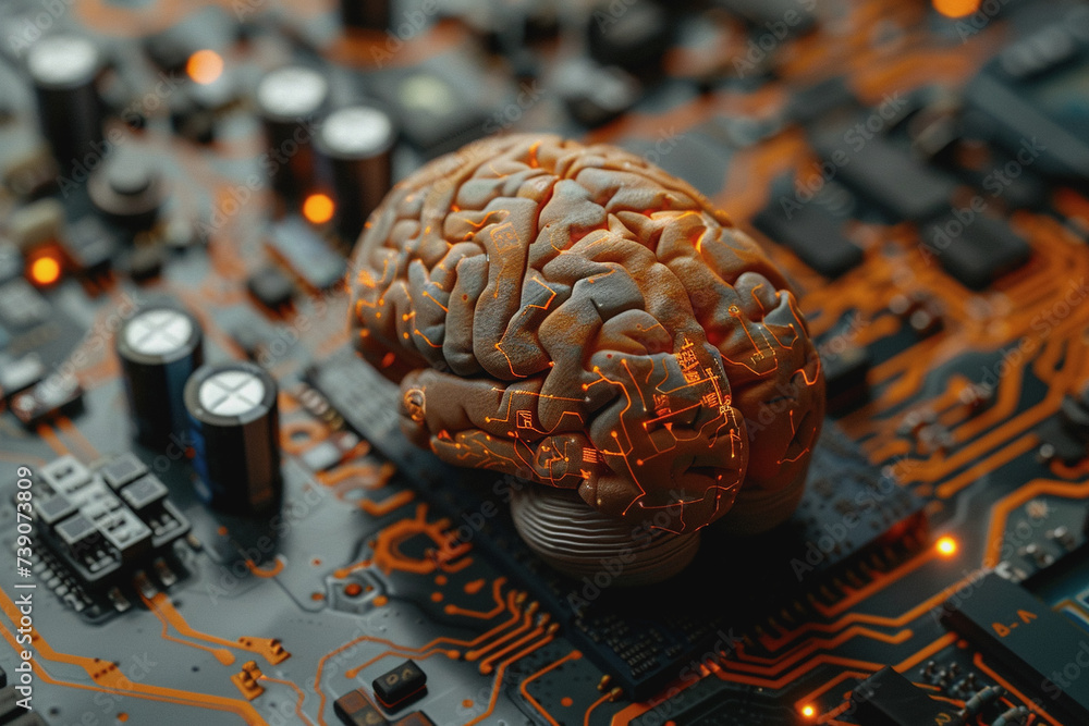 Aufkleber circuit board with orange-black brain suitable for technology and artificial intelligence concepts.