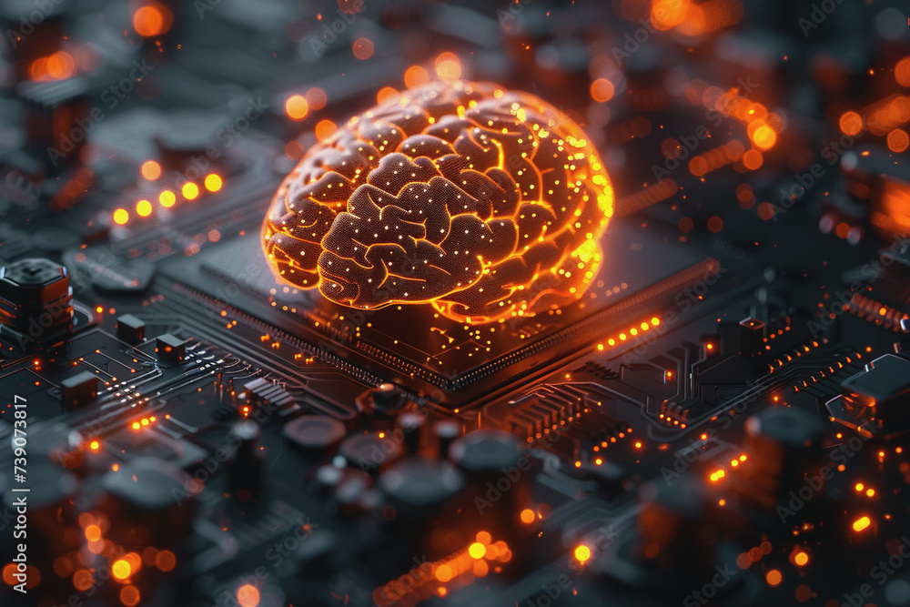 Poster circuit board with orange-black brain suitable for technology and artificial intelligence concepts.