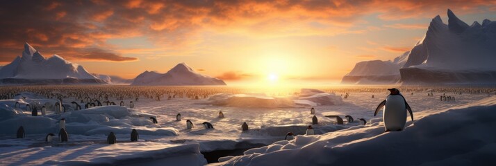 penguins against sunset background