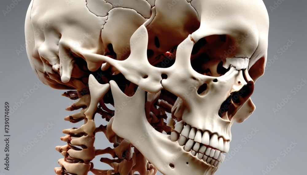 Poster an intricate 3d rendering of a human skull and spine