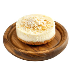front view of coconut cheesecake on a wooden tray isolated on a white transparent background