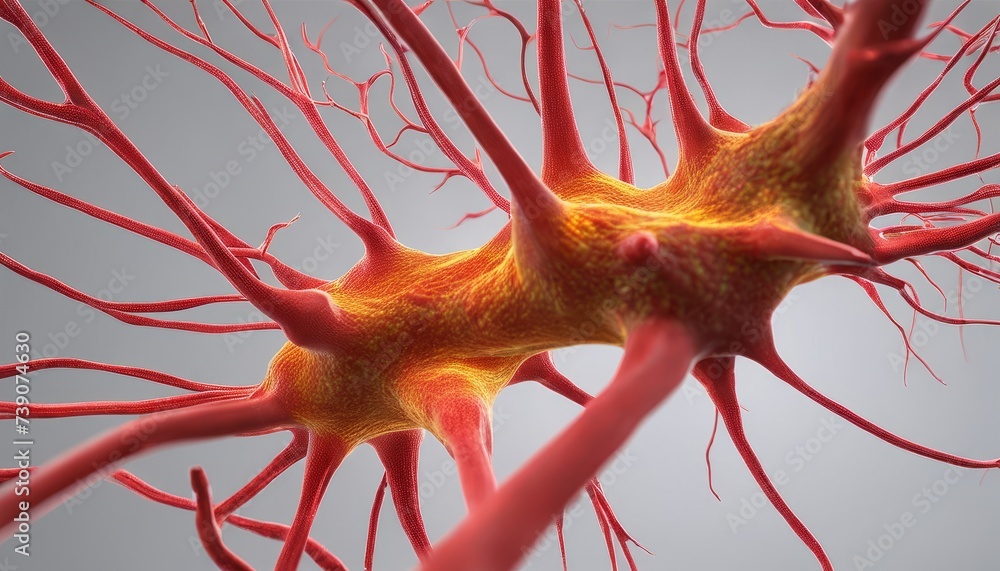 Poster neural network with vibrant red dendrites and yellow synapses