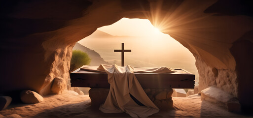 Tomb Empty With Shroud And Crucifixion At Sunrise. Resurrection Of Jesus Christ - obrazy, fototapety, plakaty