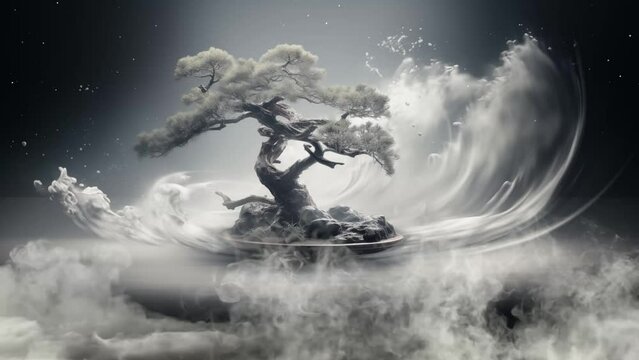 black and white concept. zen bonsai tree emerging from swirling smoke. seamless looping overlay 4k virtual video animation background 