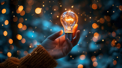Hand-holding glowing light bulb, generative ai