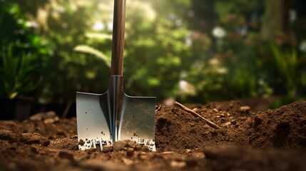 Image of shovel in a garden.