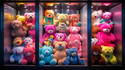 Image of soft toys inside a claw machine.