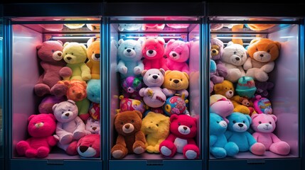 Image of soft toys inside a claw machine.