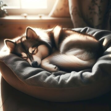 cute alaskan klee kai, husky, Malamute is sleeping soundly in his round bed