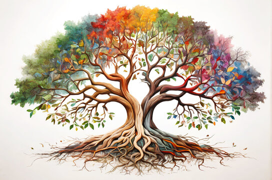 A unique and diverse large tree on white background, its leaves a kaleidoscope of colors, each one a masterpiece in itself, a true work of art in nature's canvas