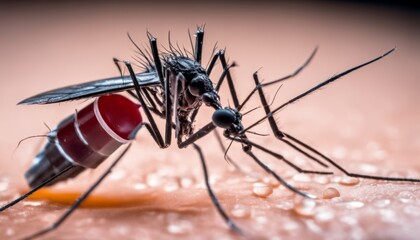  Close-up of a mosquito on a human skin surface - obrazy, fototapety, plakaty