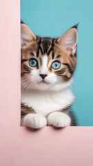 Cute kitten cat looking away on pink  and blue pastel background.